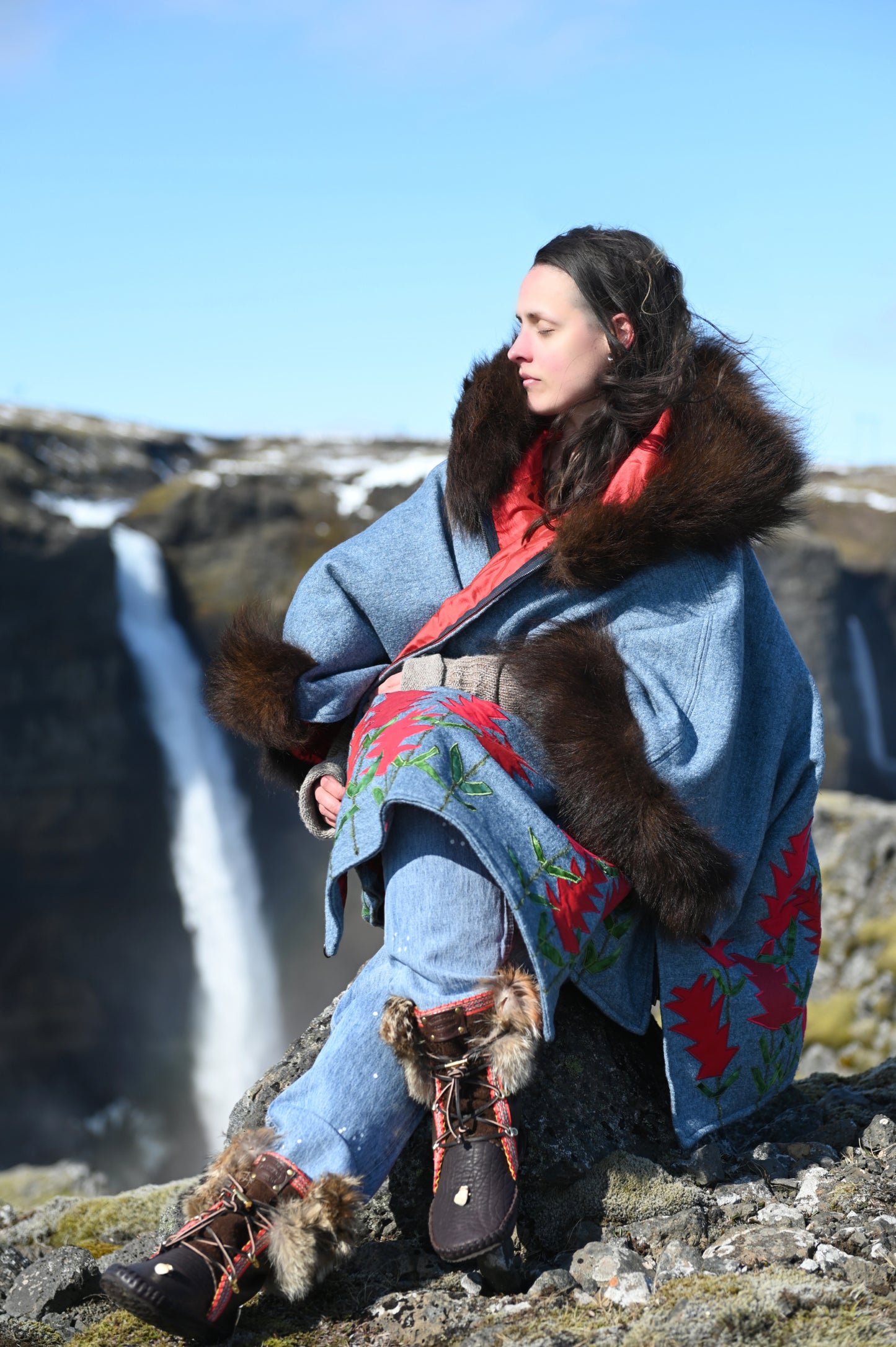 Indian Paintbrush Appliquéd Wool Coat with Bison Trim