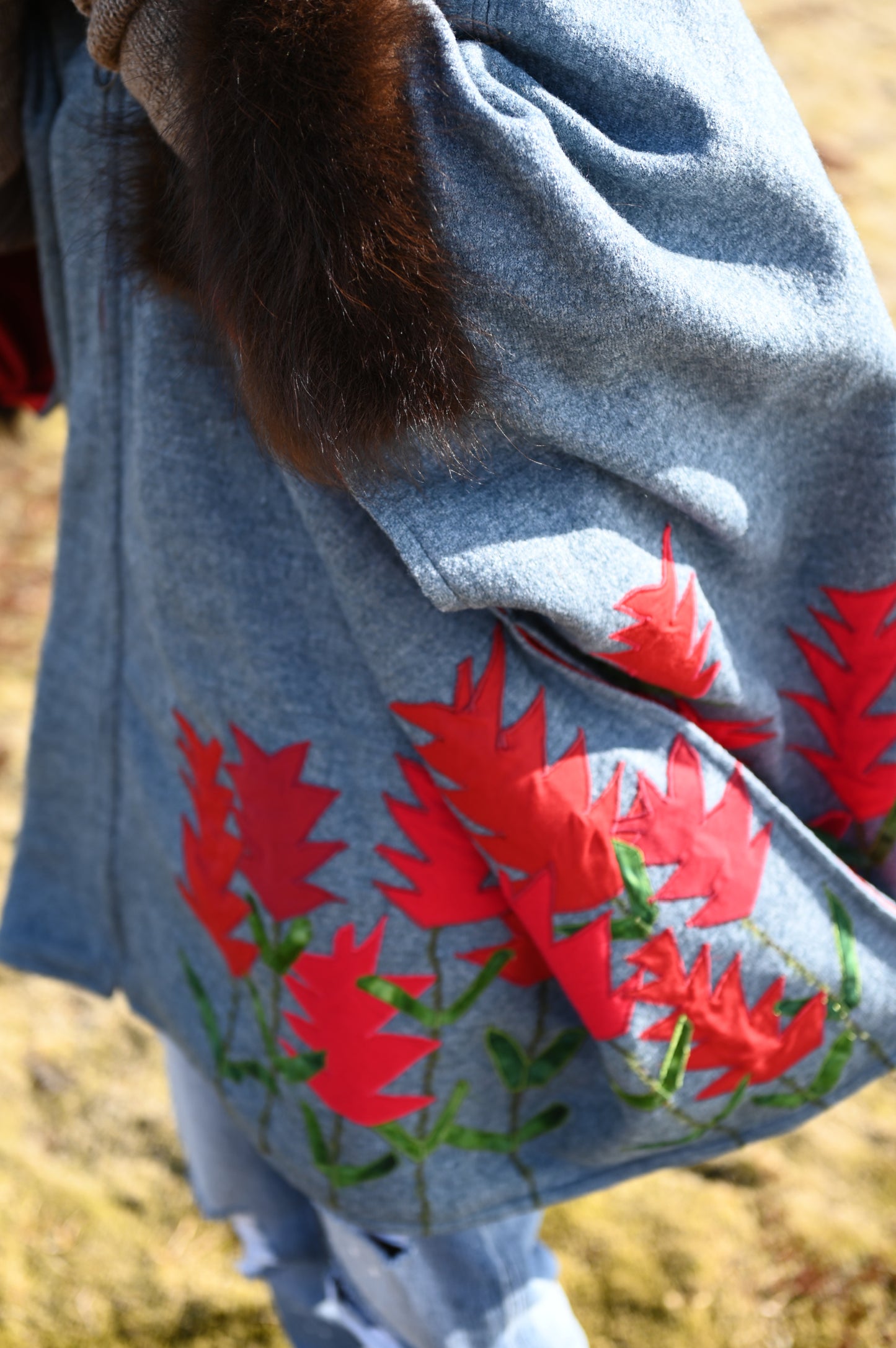 Indian Paintbrush Appliquéd Wool Coat with Bison Trim