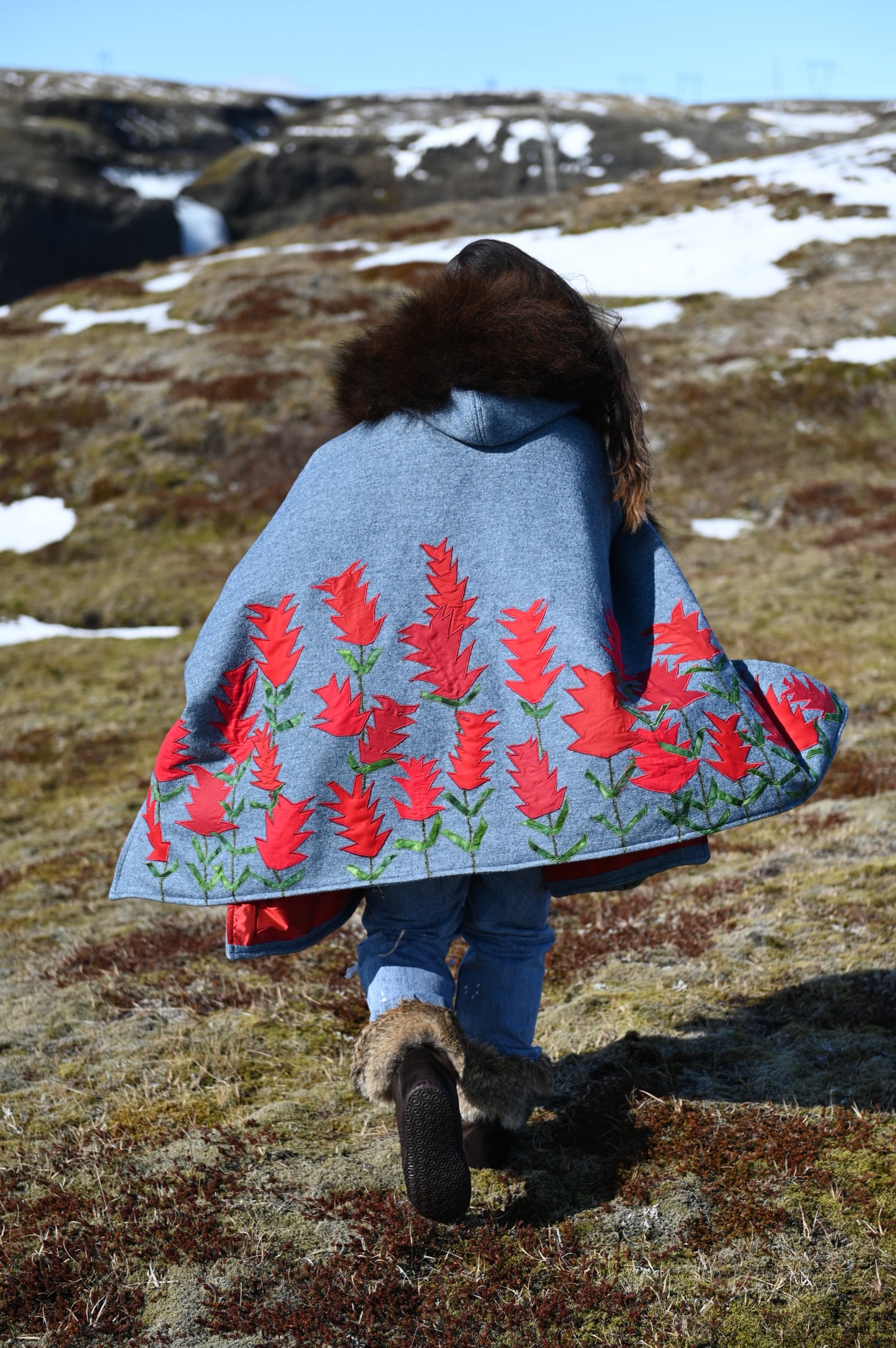 Indian Paintbrush Appliquéd Wool Coat with Bison Trim