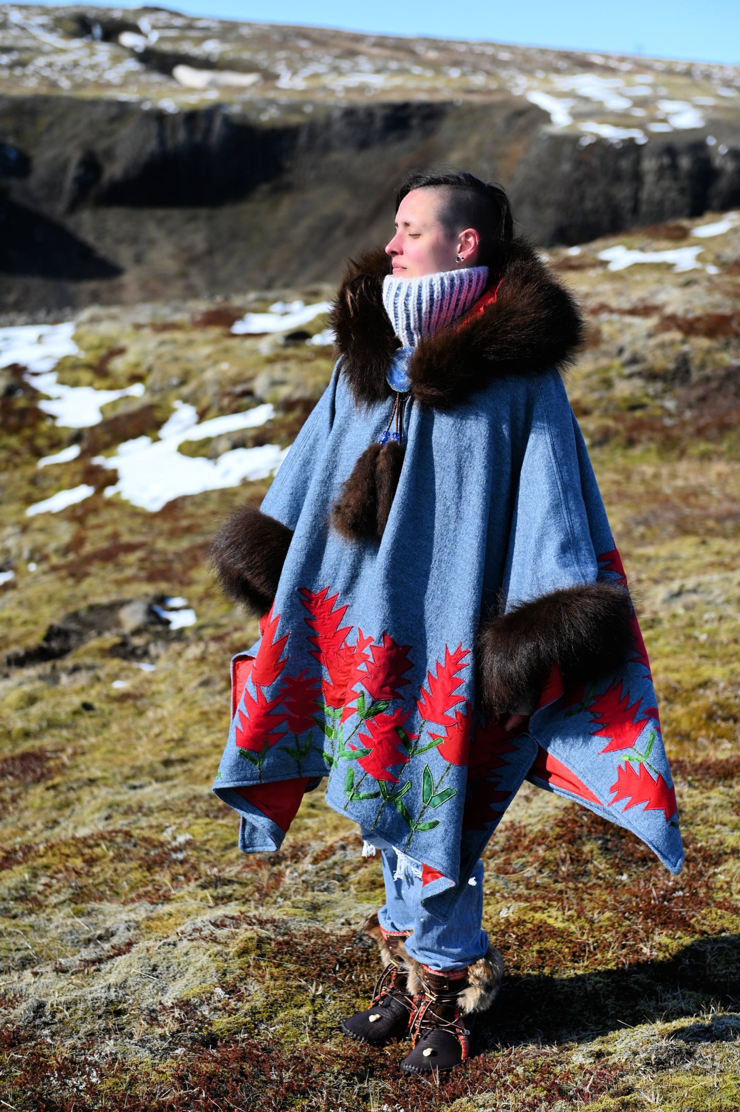 Indian Paintbrush Appliquéd Wool Coat with Bison Trim