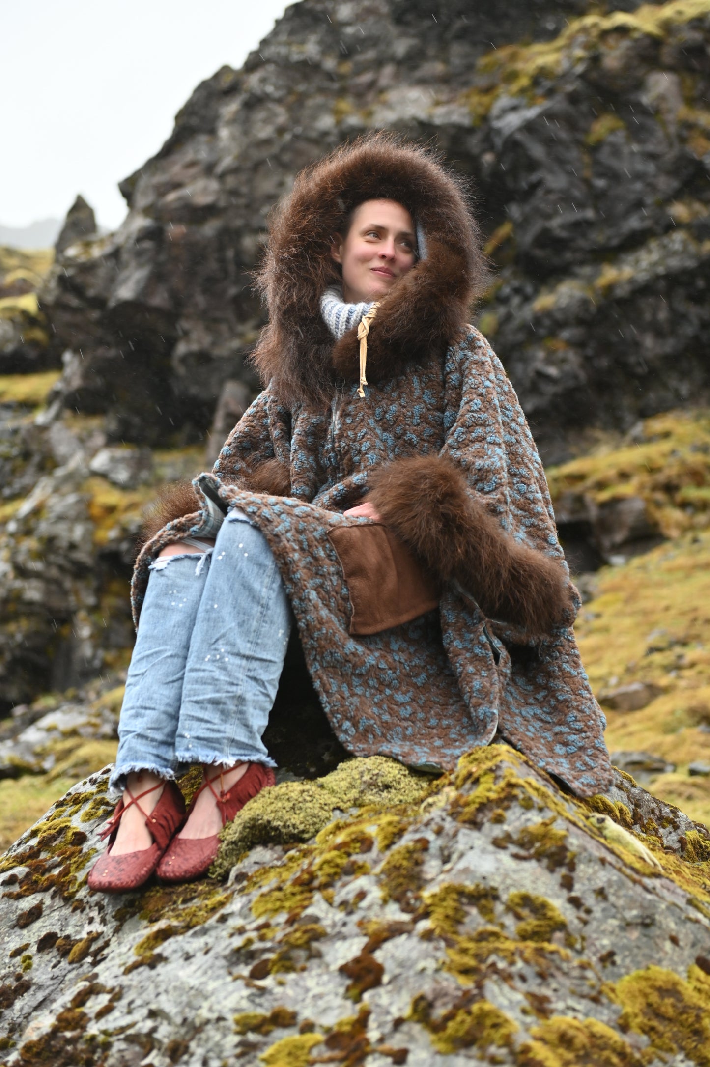 Freckled Wool Coat with Bison Trim