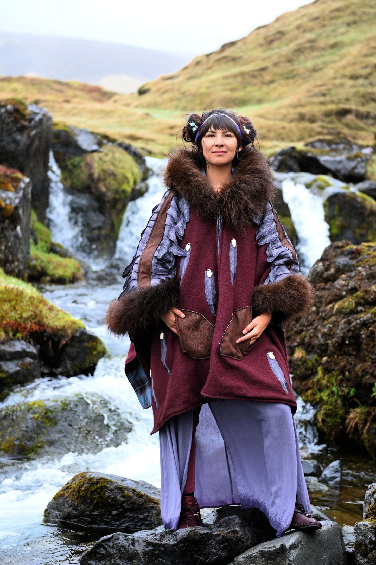 Feather and Elk Tooth Appliquéd Wool Coat with Bison Trim