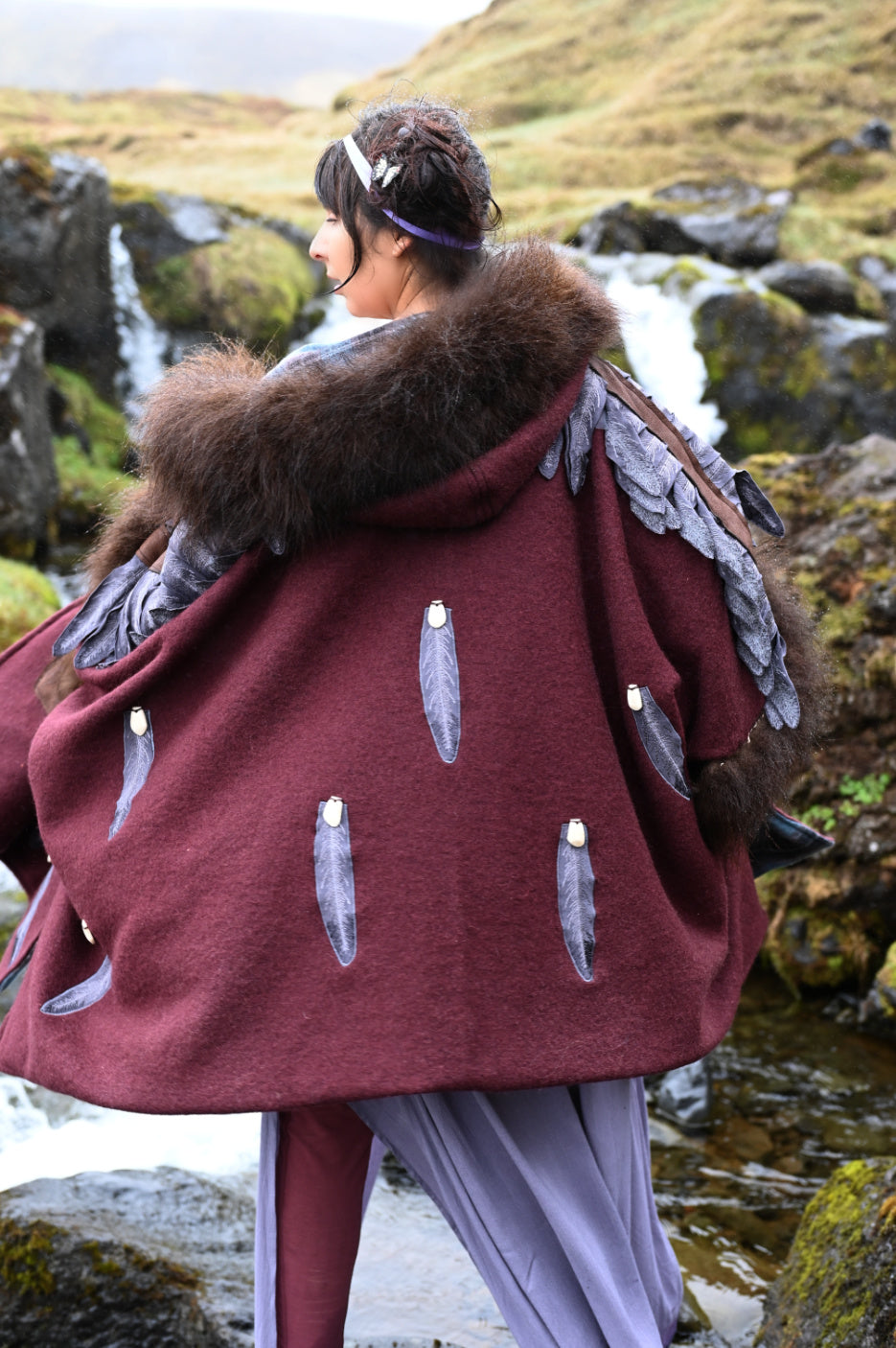 Feather and Elk Tooth Appliquéd Wool Coat with Bison Trim