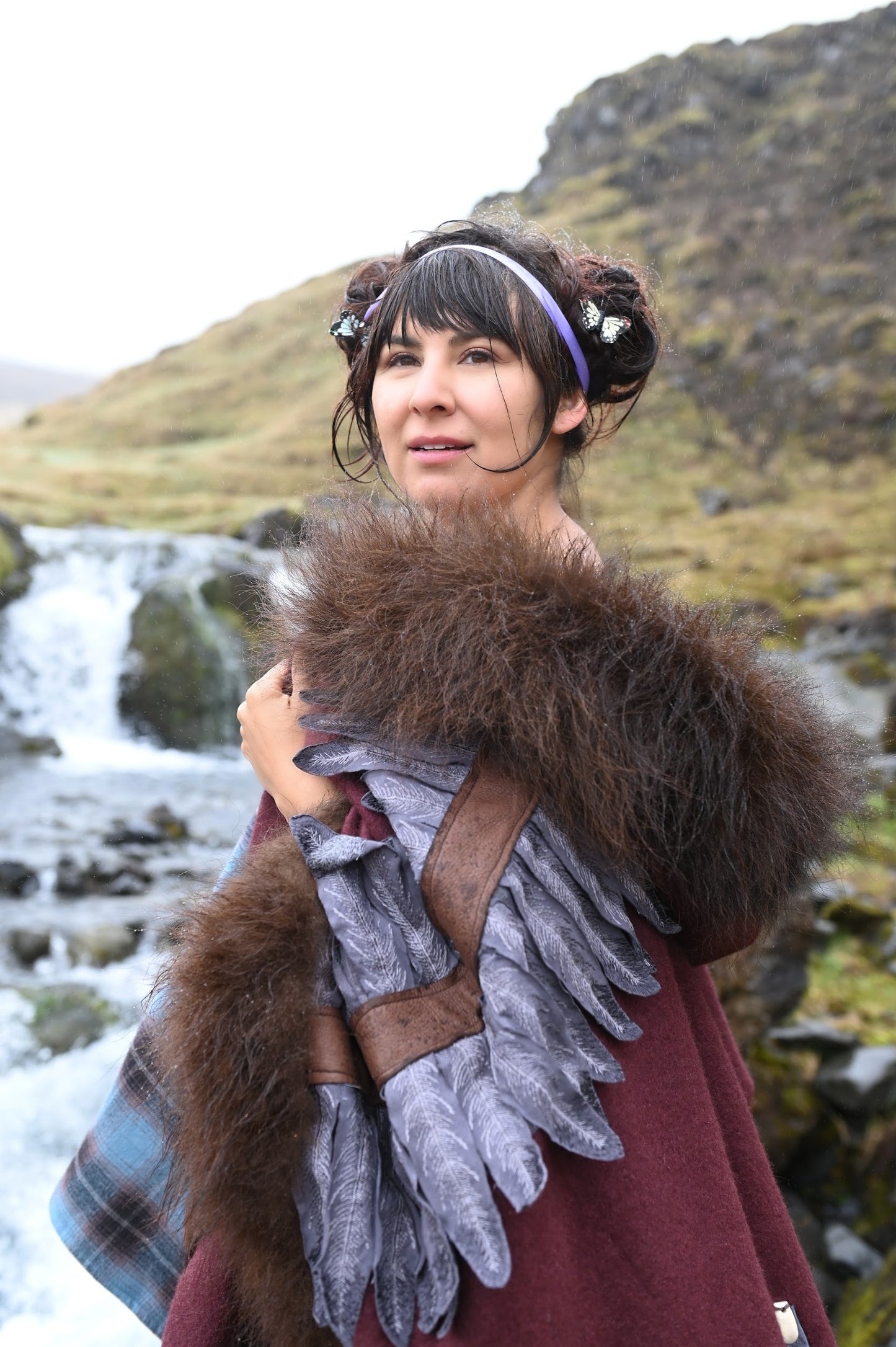 Feather and Elk Tooth Appliquéd Wool Coat with Bison Trim