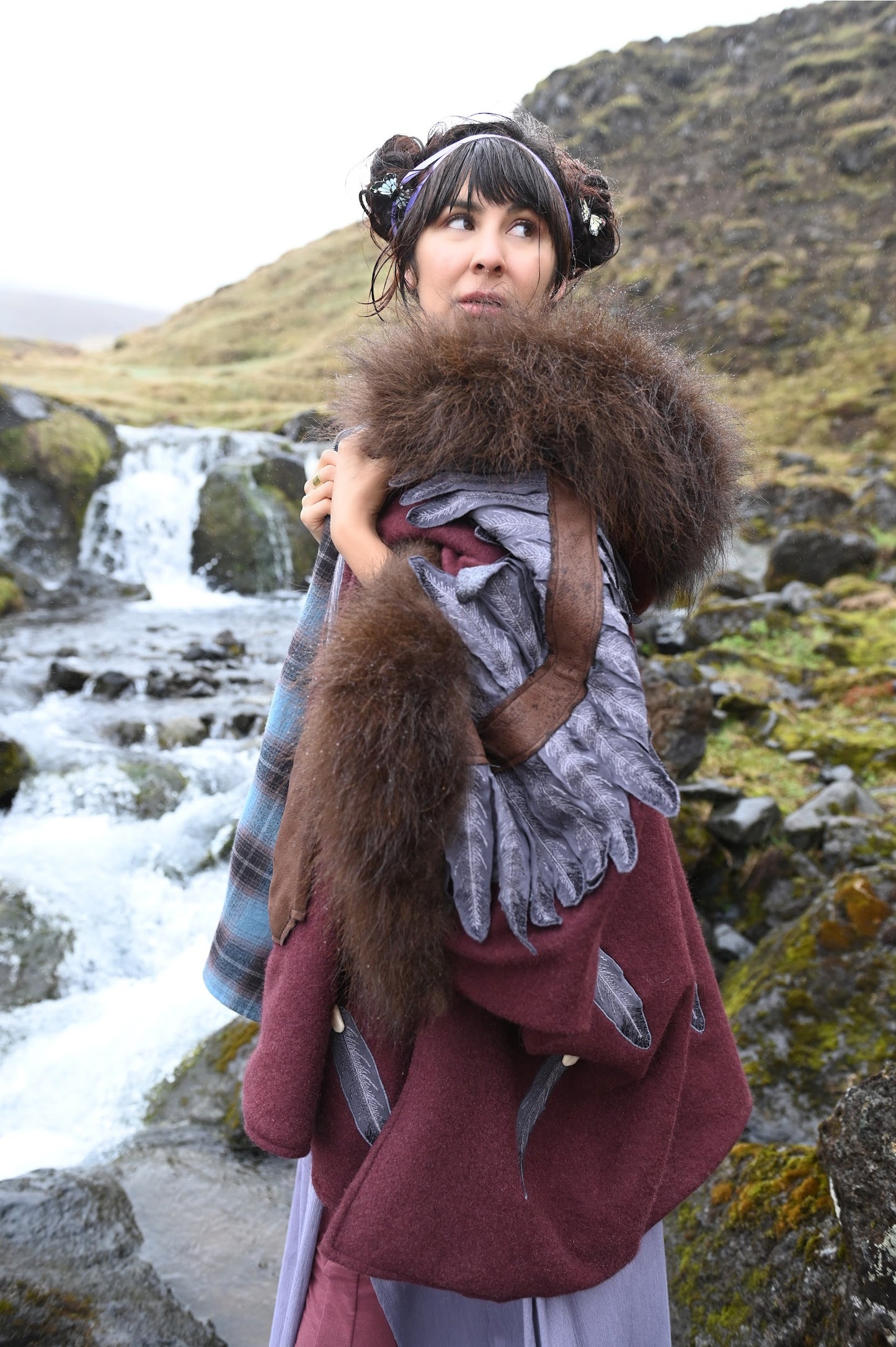 Feather and Elk Tooth Appliquéd Wool Coat with Bison Trim