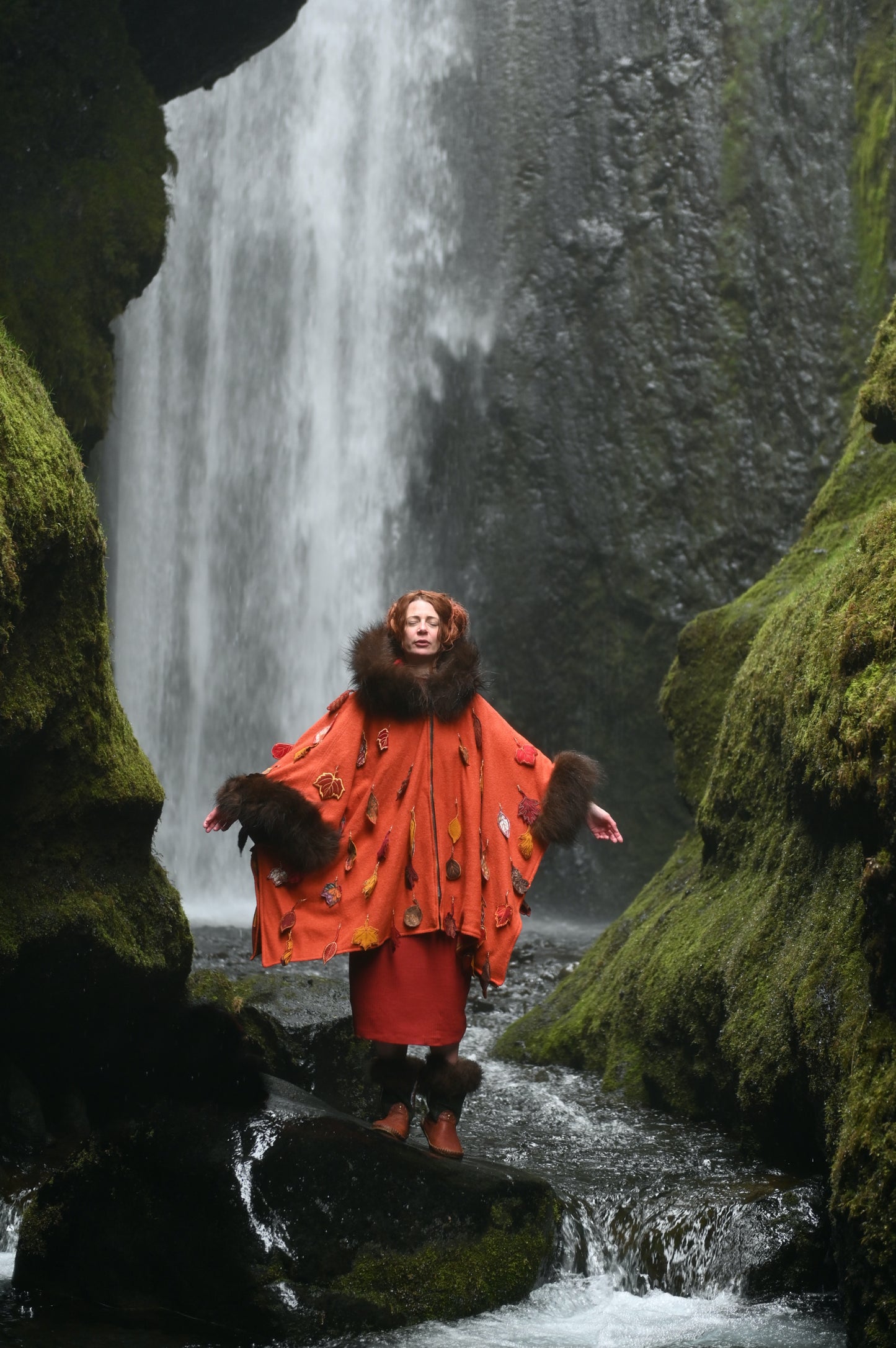 Fall Leaf Wool Coat with Bison Trim