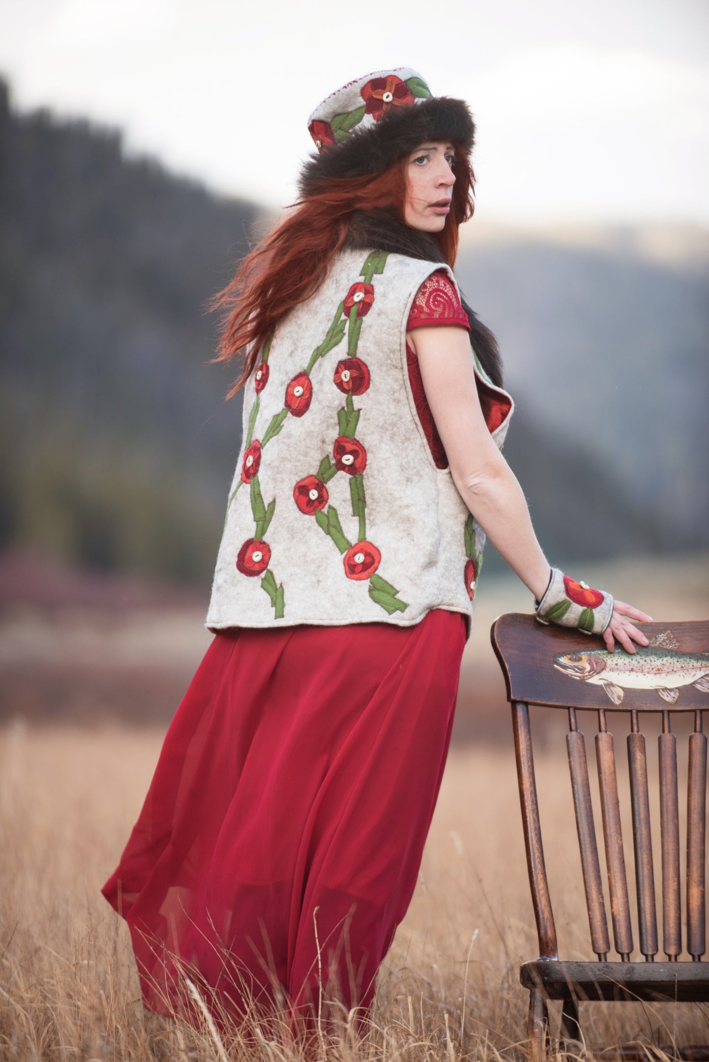 Poppies and Elk Antler Appliquéd Bison Trimmed Vest