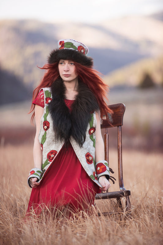 Poppies and Elk Antler Appliquéd Bison Trimmed Vest