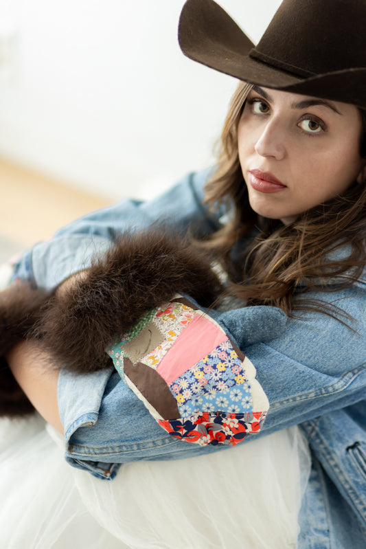 Vintage Quilt  Bison Trimmed Mitts (multi colored)