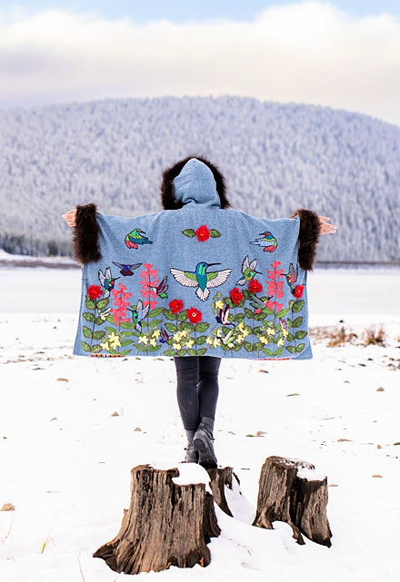 Hummingbirds in Flight Bison Trimmed Wool Cape
