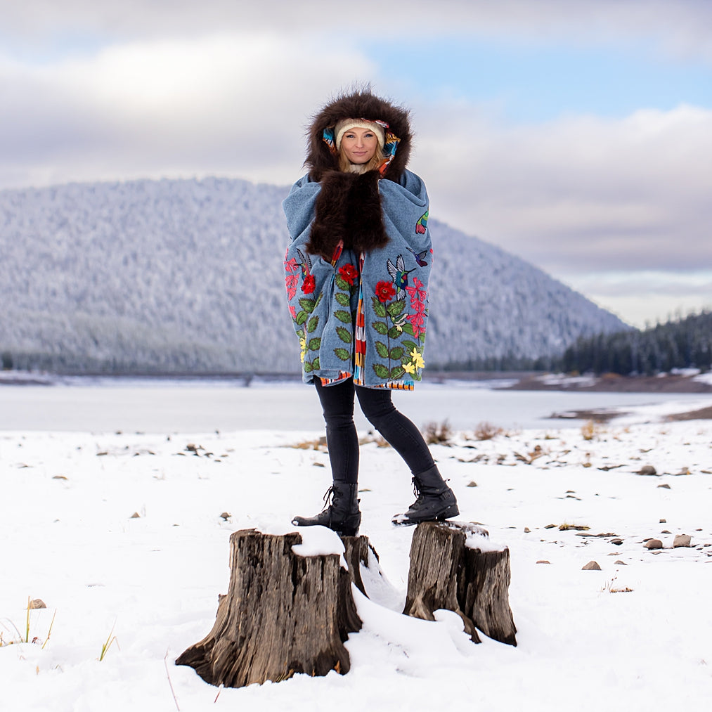 Hummingbirds in Flight Bison Trimmed Wool Cape