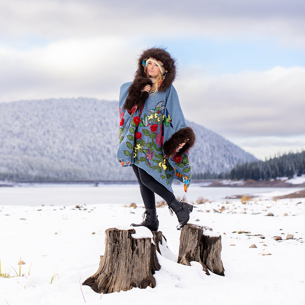 Hummingbirds in Flight Bison Trimmed Wool Cape