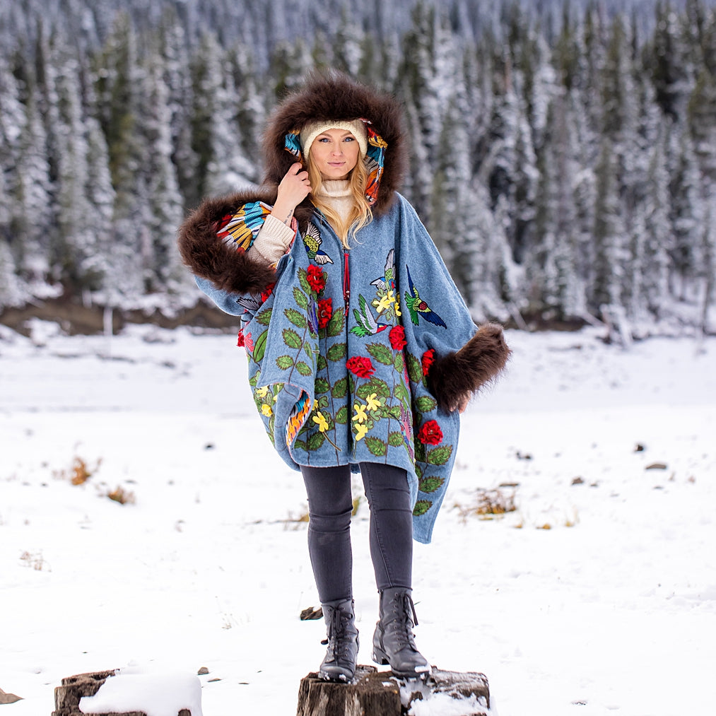 Hummingbirds in Flight Bison Trimmed Wool Cape