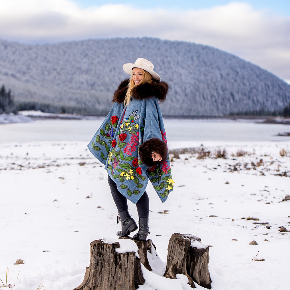 Hummingbirds in Flight Bison Trimmed Wool Cape