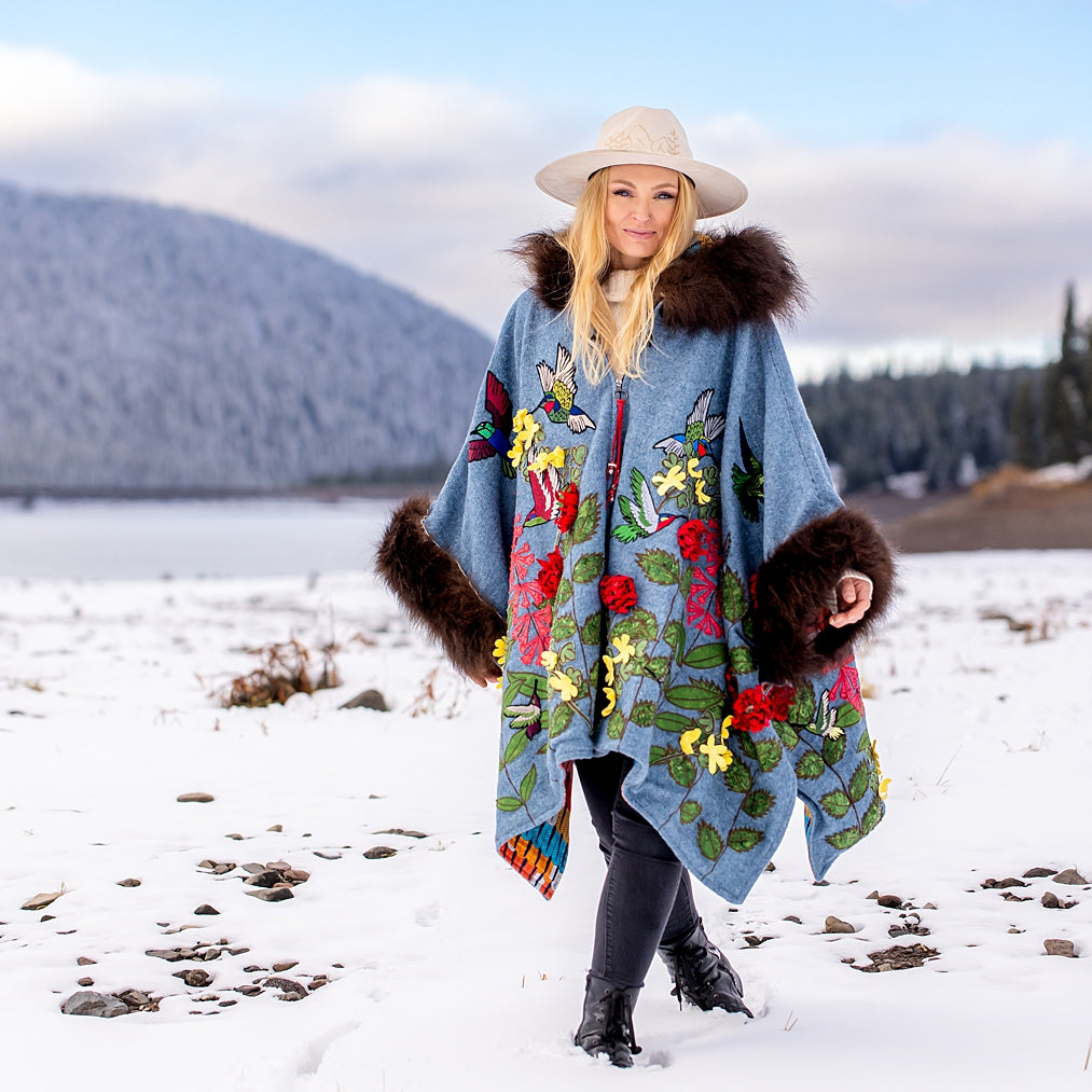 Hummingbirds in Flight Bison Trimmed Wool Cape
