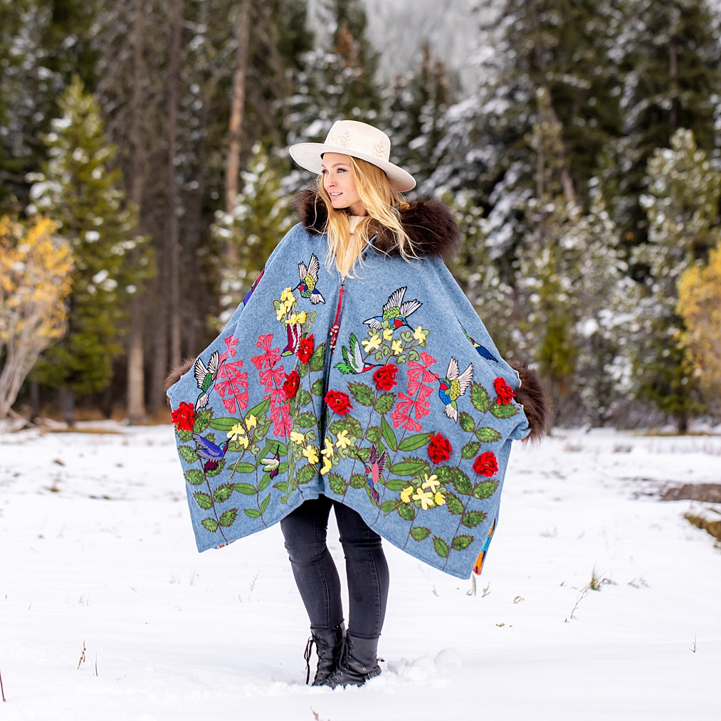 Hummingbirds in Flight Bison Trimmed Wool Cape