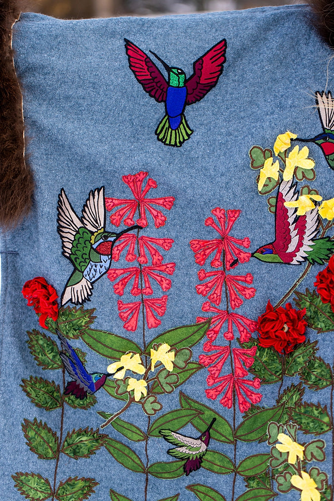 Hummingbirds in Flight Bison Trimmed Wool Cape