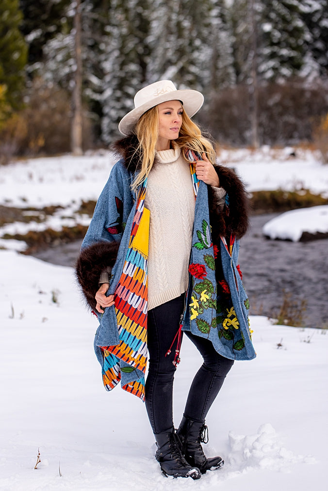 Hummingbirds in Flight Bison Trimmed Wool Cape