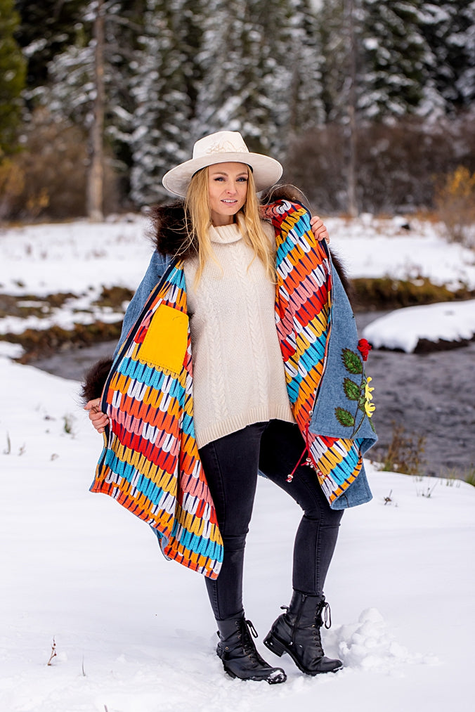 Hummingbirds in Flight Bison Trimmed Wool Cape