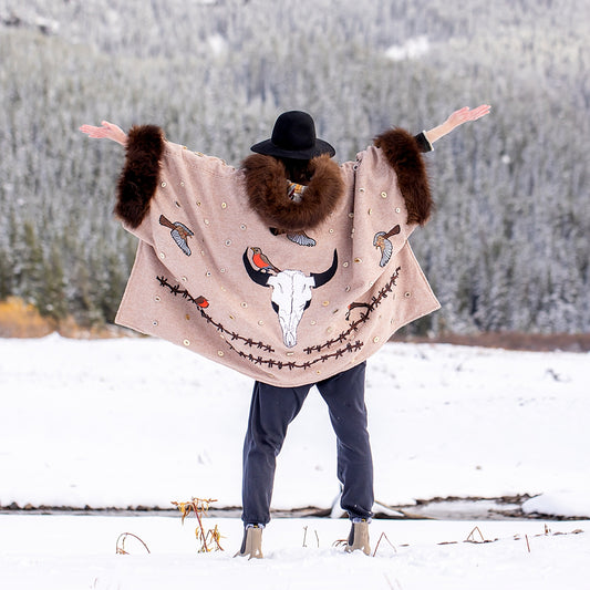 Robins, Skull, Barbed Wire and Bison Trimmed Cape
