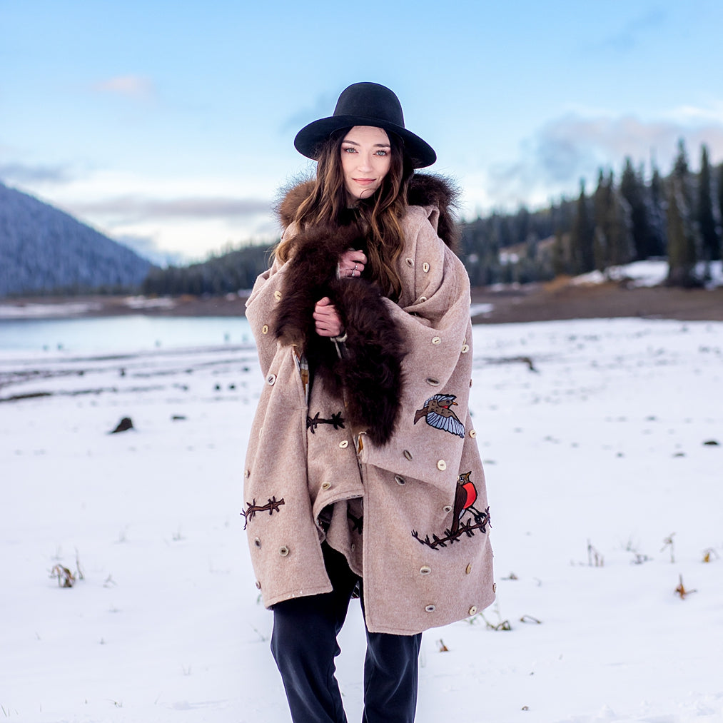 Robins, Skull, Barbed Wire and Bison Trimmed Cape