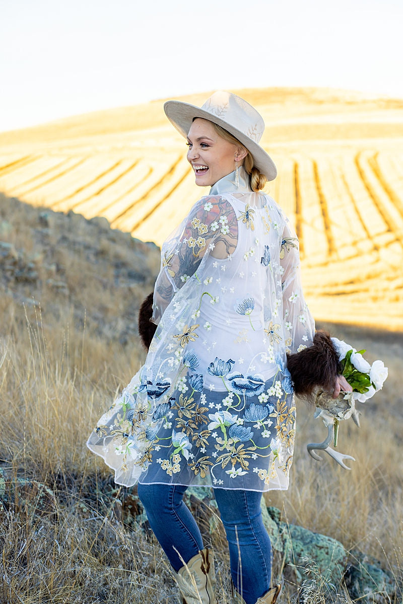 Big Sky Flowered Embroidered Bison Trimmed Duster