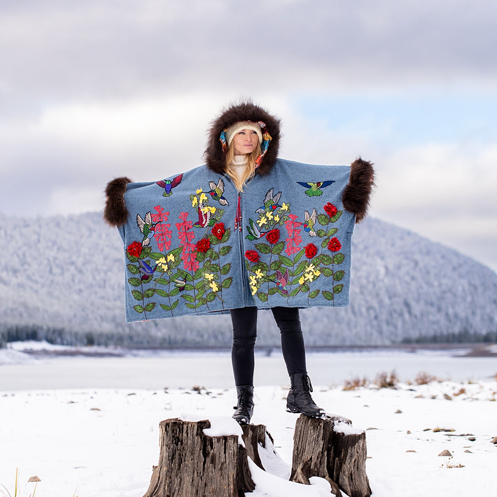 Hummingbirds in Flight Bison Trimmed Wool Cape