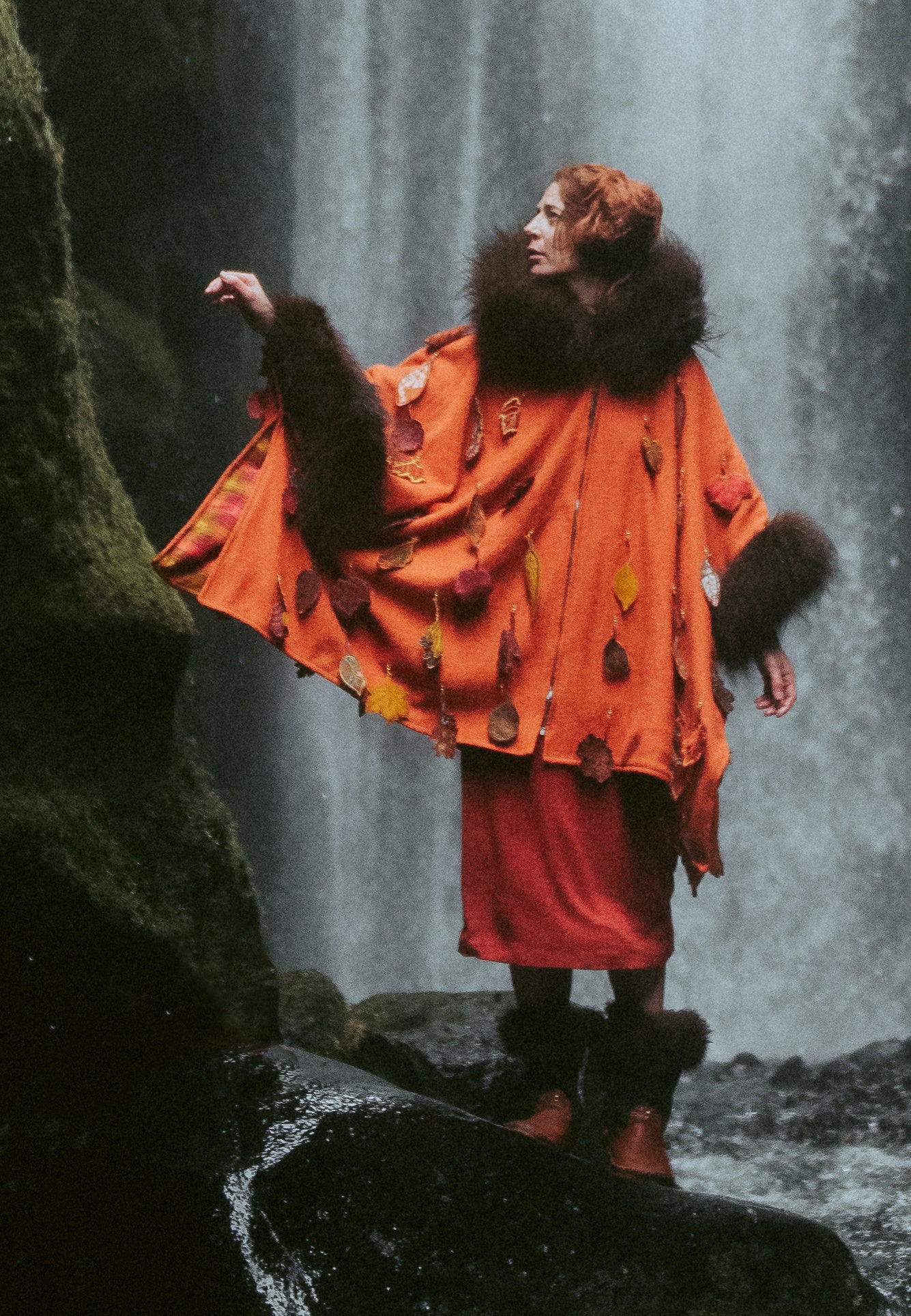 Fall Leaf Wool Coat with Bison Trim