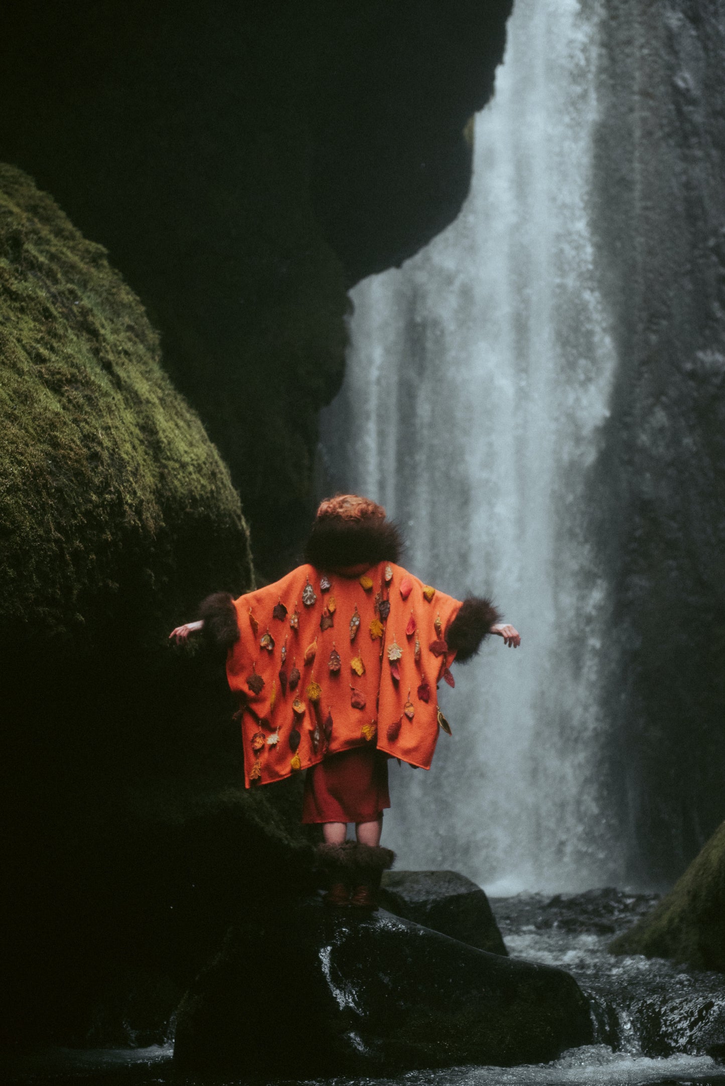 Fall Leaf Wool Coat with Bison Trim