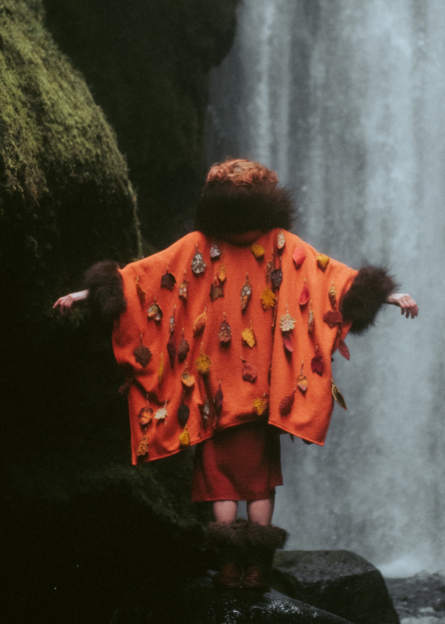 Fall Leaf Wool Coat with Bison Trim