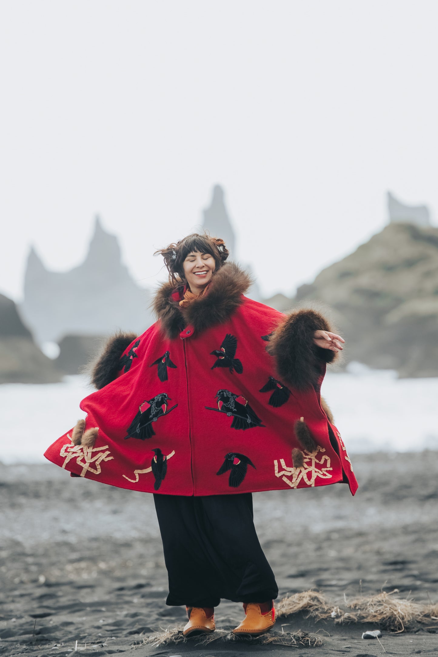 Red Winged Blackbird Bison Trimmed Wool Cape