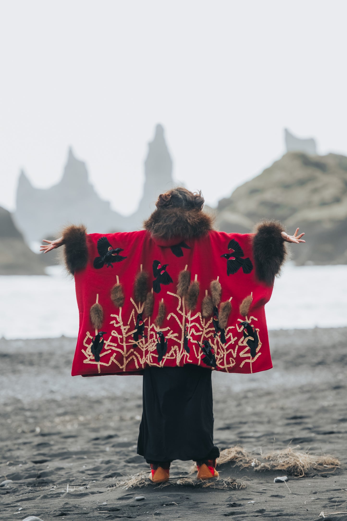 Red Winged Blackbird Bison Trimmed Wool Cape
