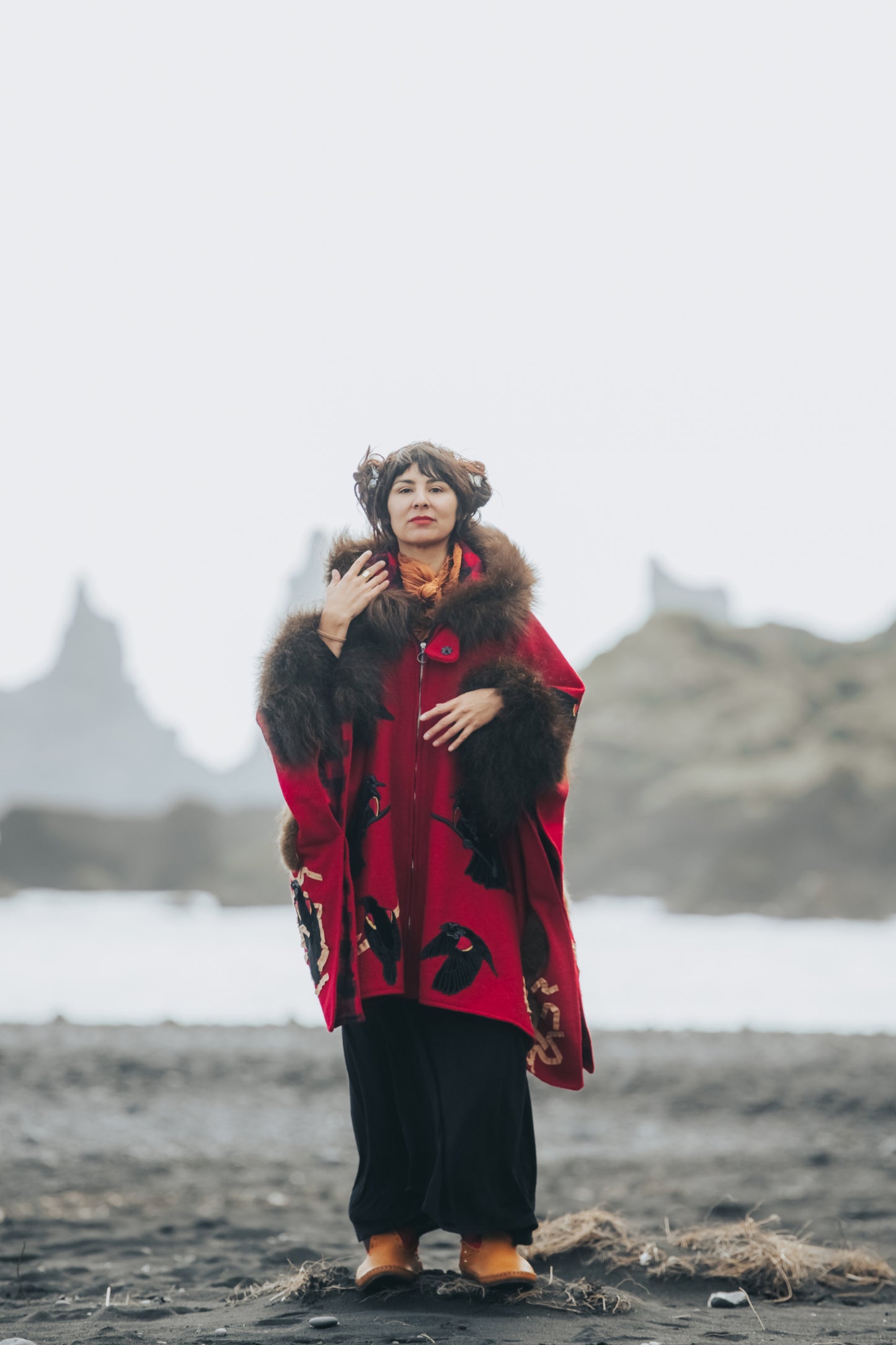 Red Winged Blackbird Bison Trimmed Wool Cape