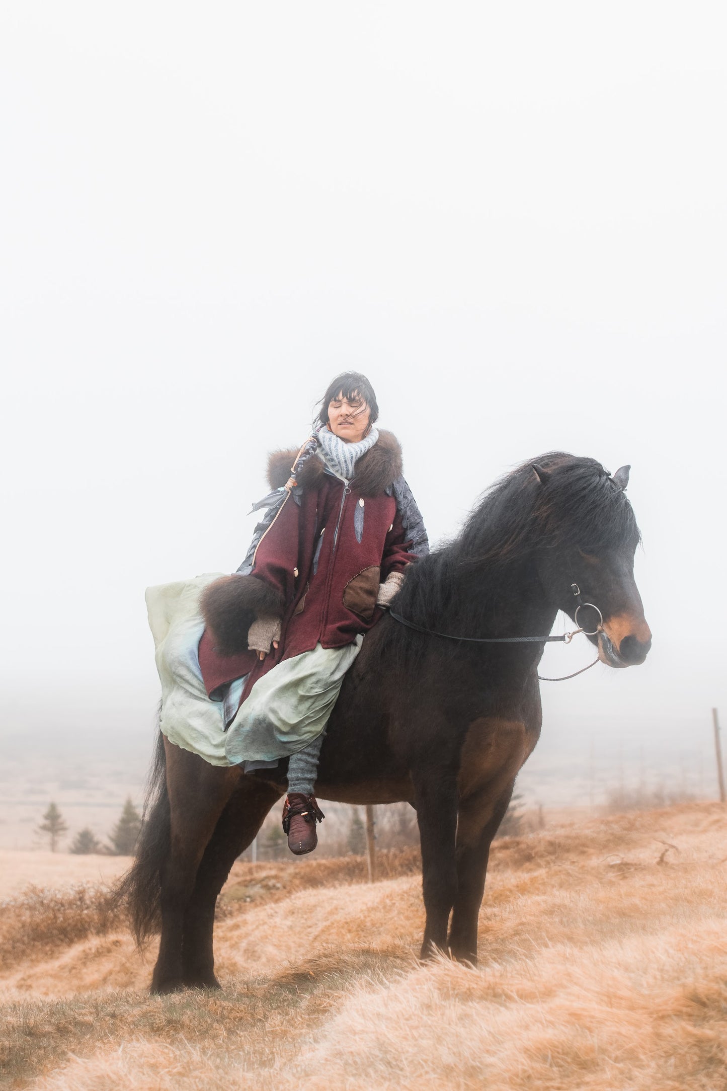 Feather and Elk Tooth Appliquéd Wool Coat with Bison Trim