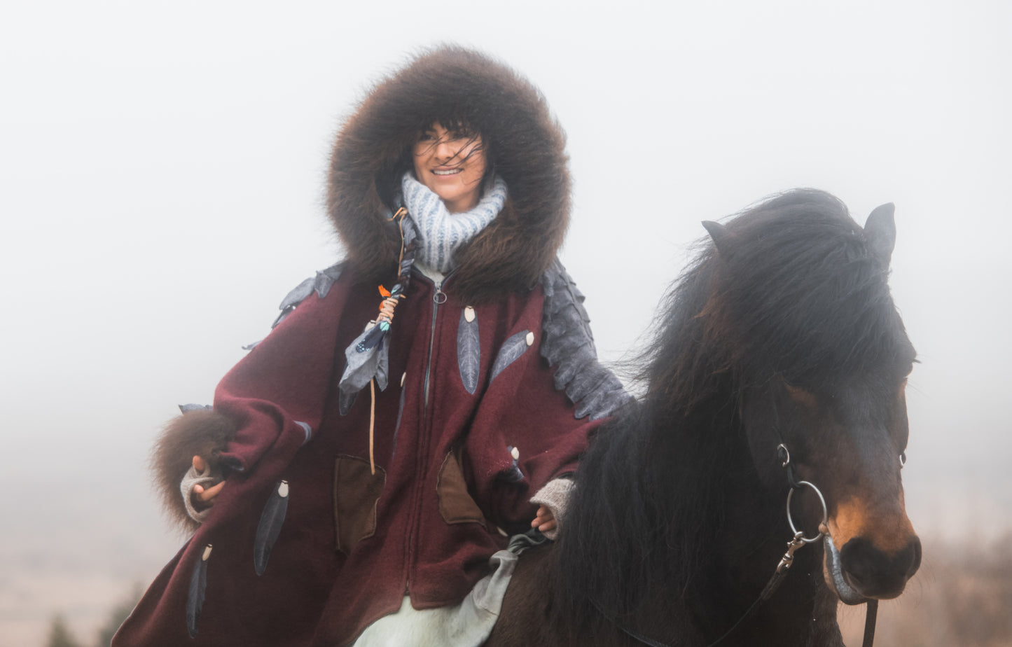 Feather and Elk Tooth Appliquéd Wool Coat with Bison Trim