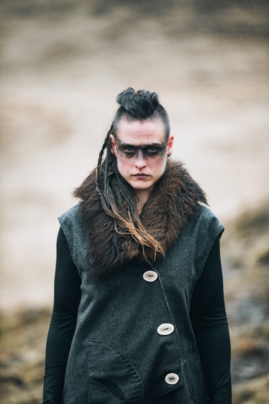 Raven Appliquéd Wool Vest with Bison Trim