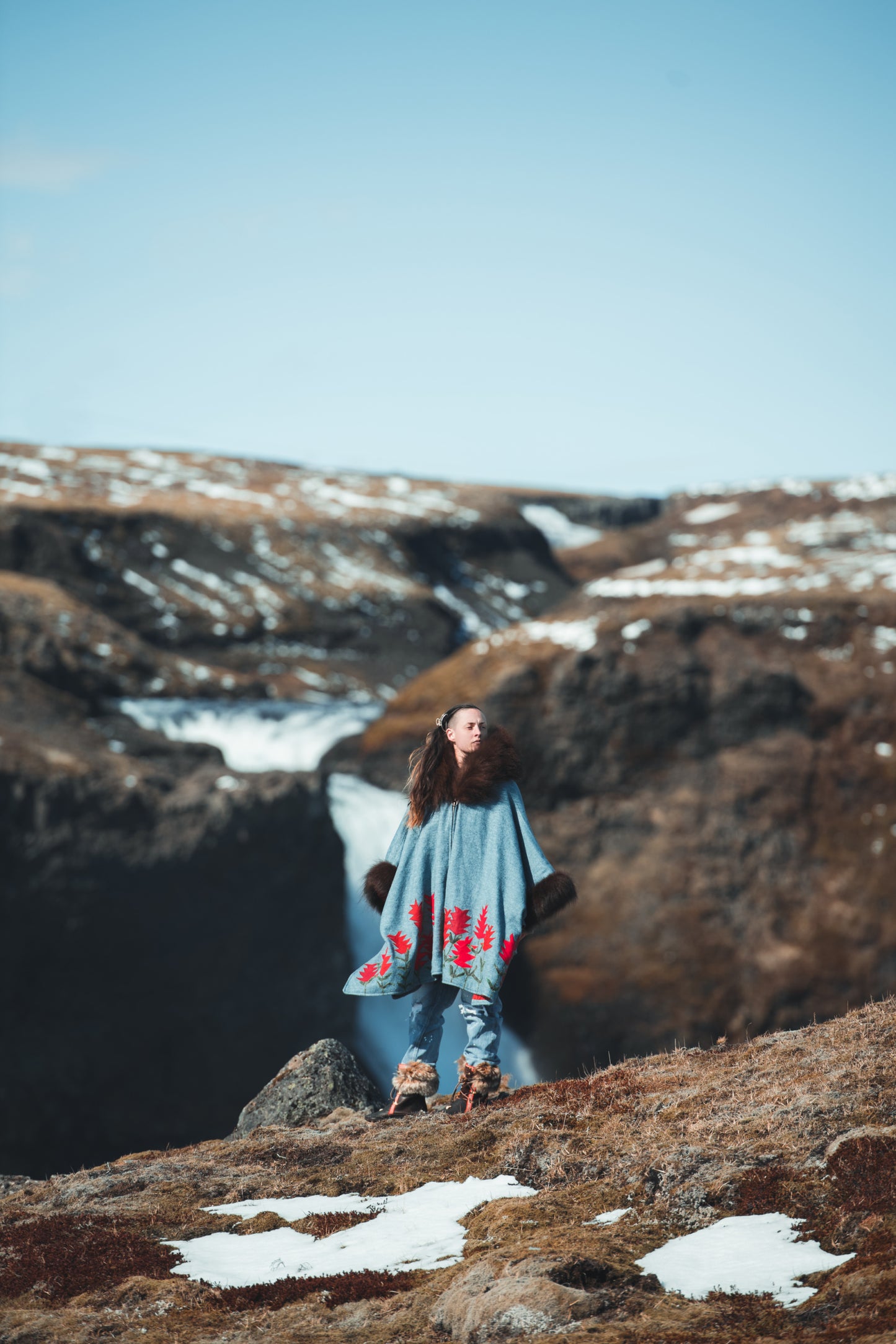 Indian Paintbrush Appliquéd Wool Coat with Bison Trim