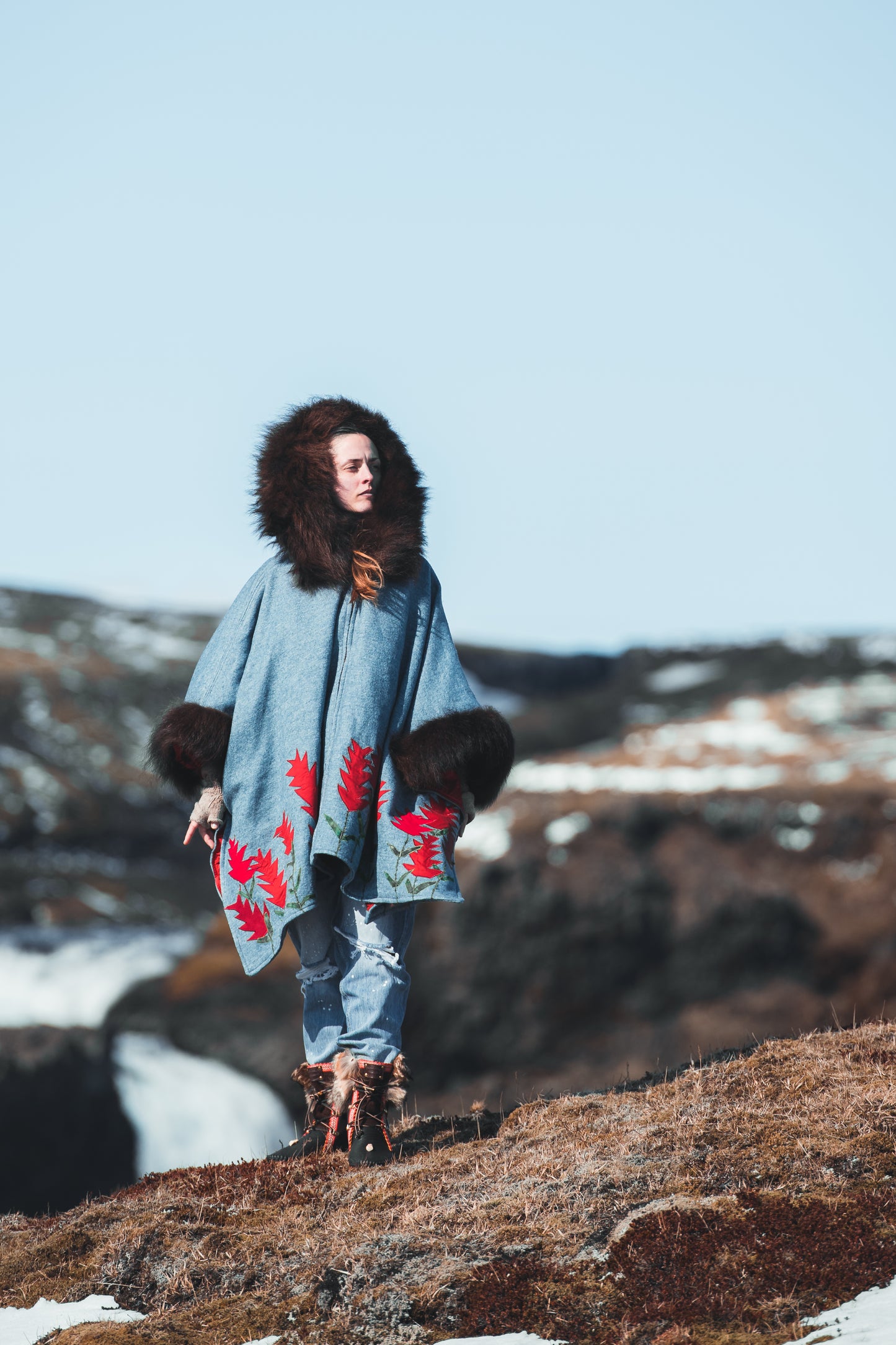 Indian Paintbrush Appliquéd Wool Coat with Bison Trim