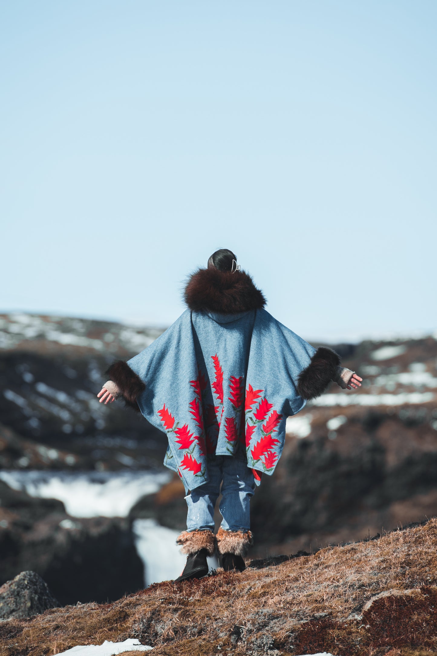 Indian Paintbrush Appliquéd Wool Coat with Bison Trim