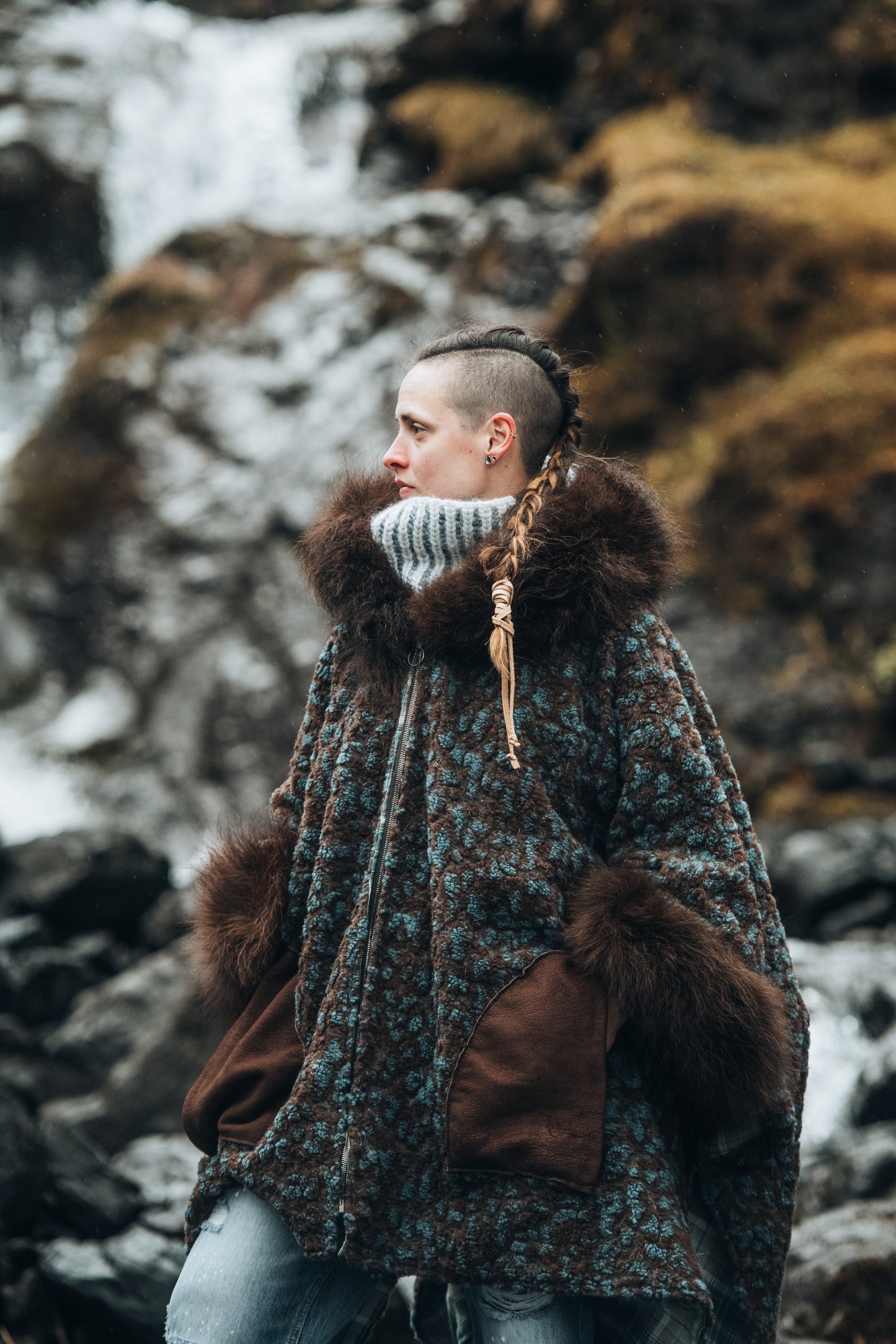 Freckled Wool Coat with Bison Trim