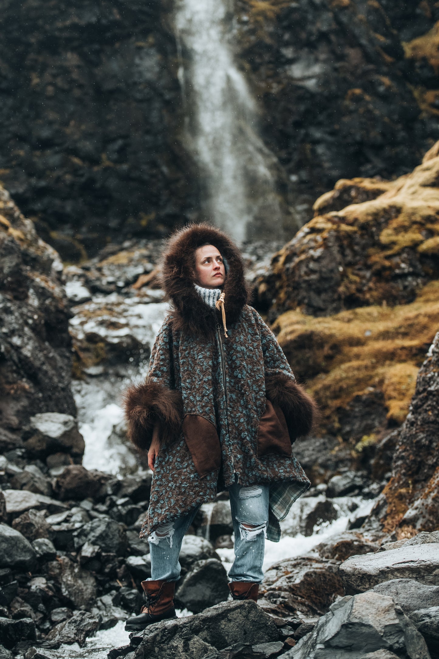 Freckled Wool Coat with Bison Trim
