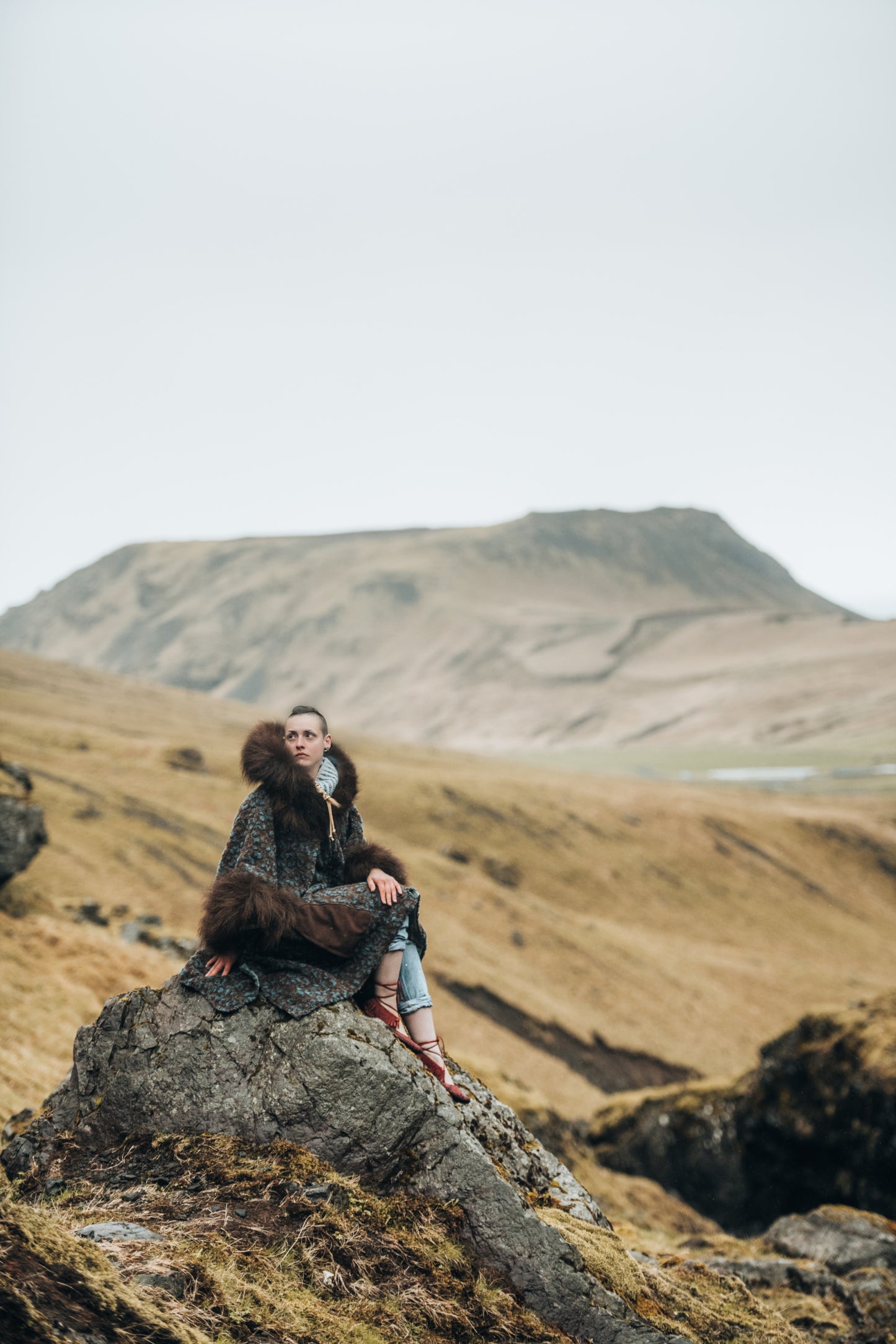 Freckled Wool Coat with Bison Trim