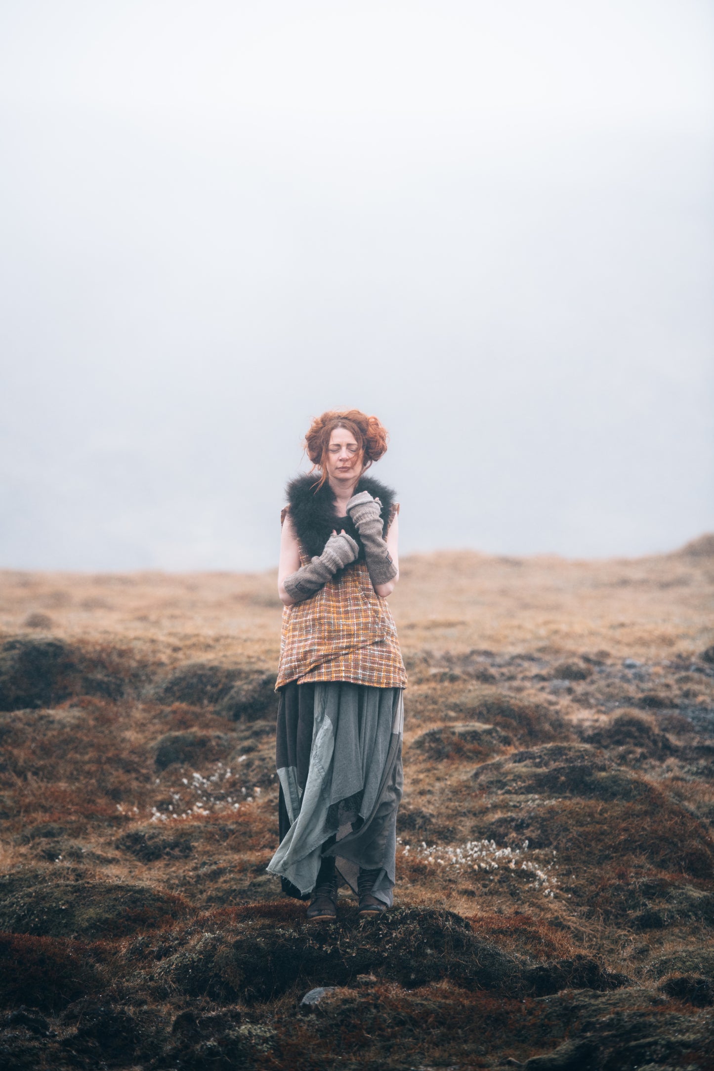 Ochre Woven Wool Vest with Bison Collar