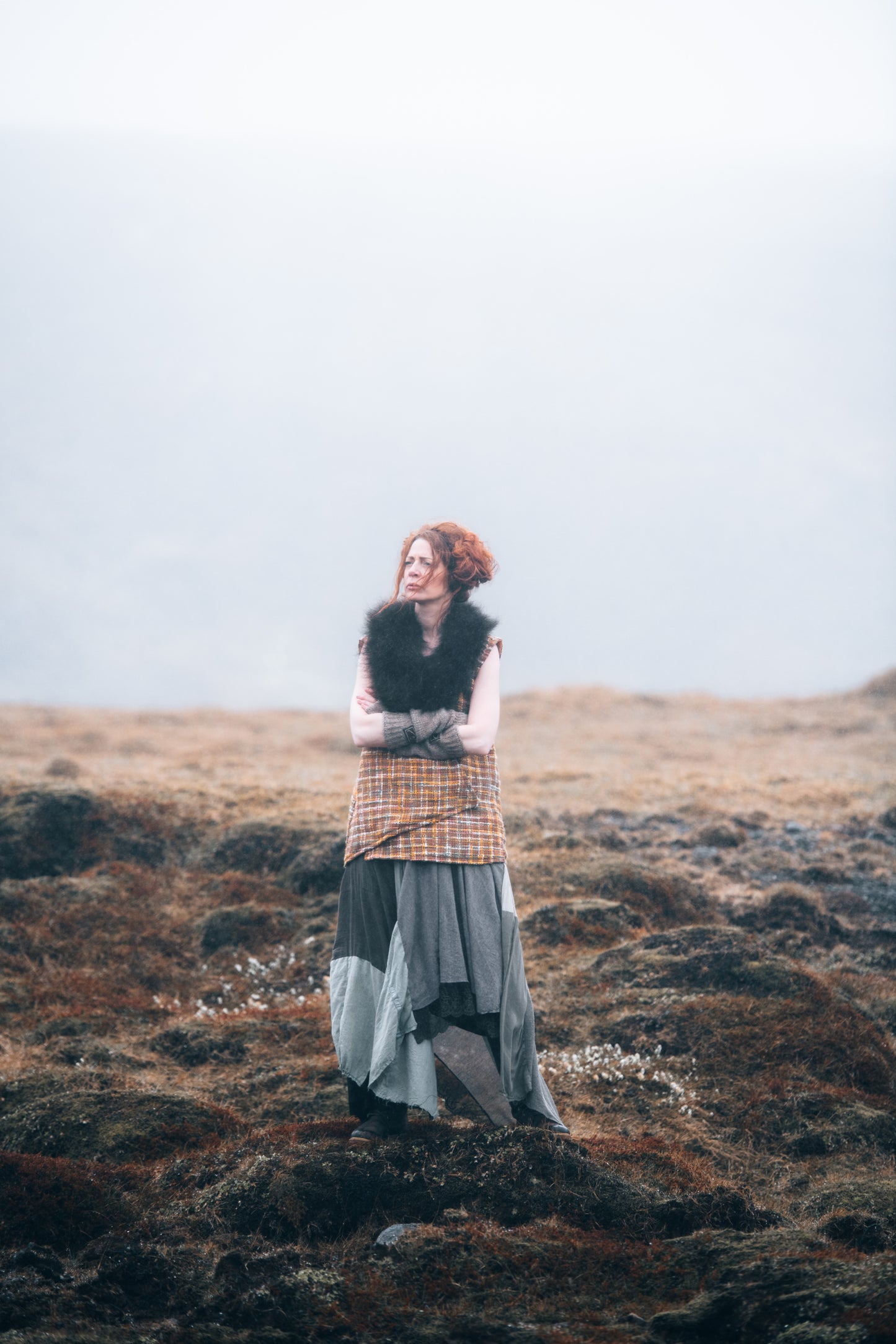 Ochre Woven Wool Vest with Bison Collar