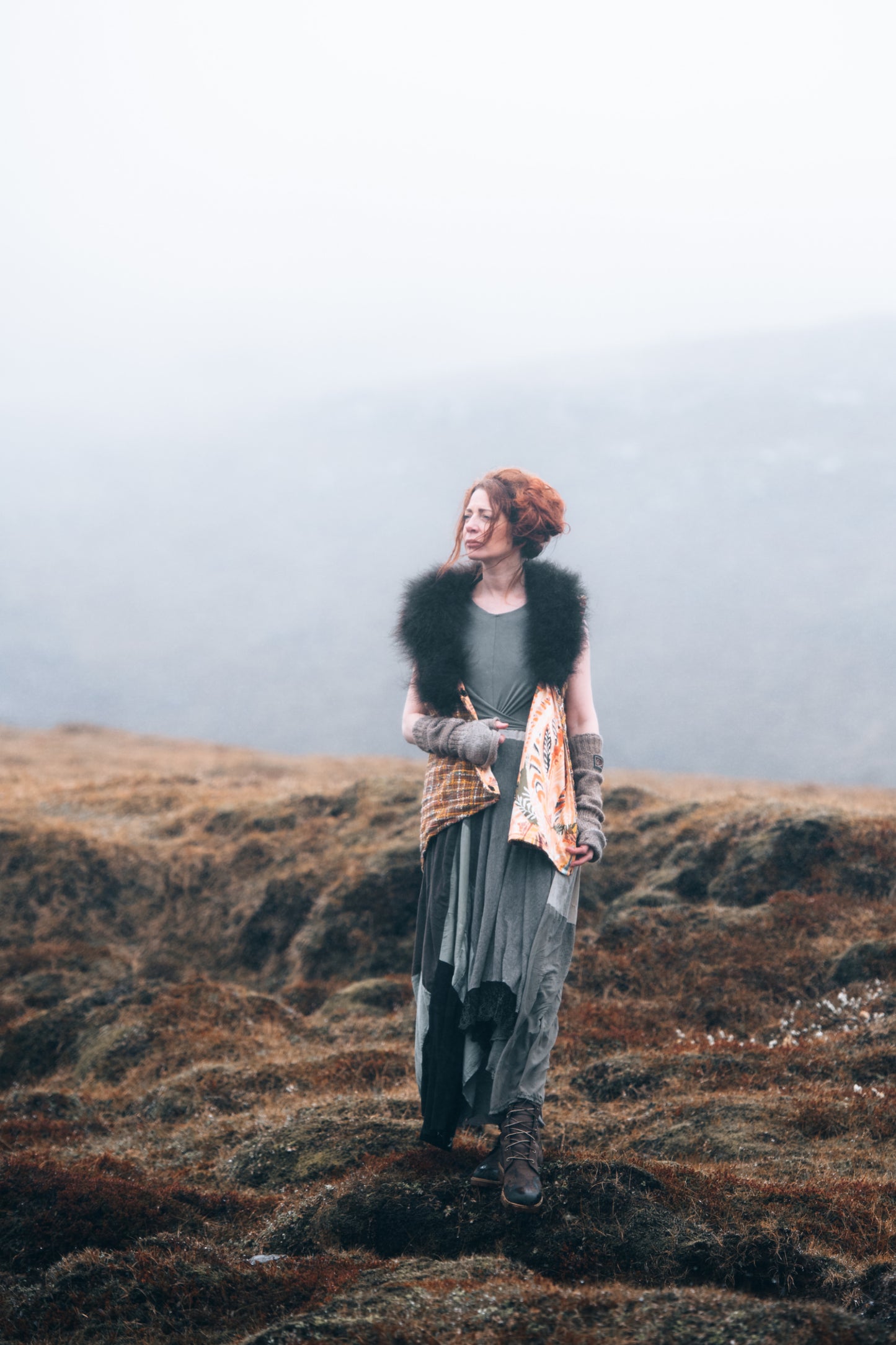 Ochre Woven Wool Vest with Bison Collar