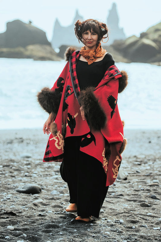 Red Winged Blackbird Bison Trimmed Wool Cape