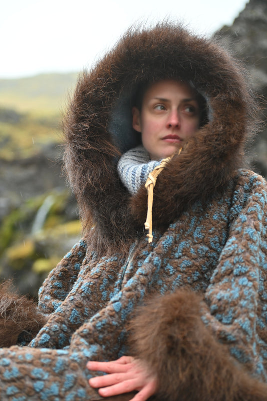 Freckled Wool Coat with Bison Trim