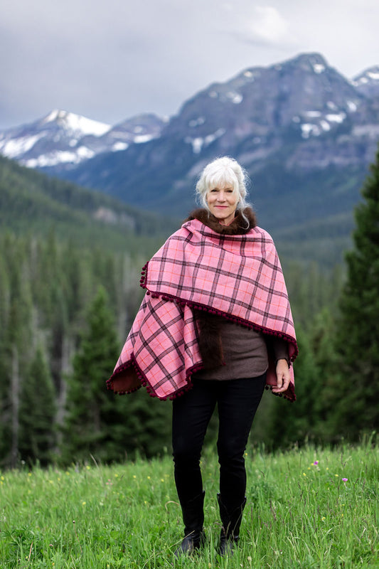 Peppermint Wool Wrap, Bison-Trimmed Shawl