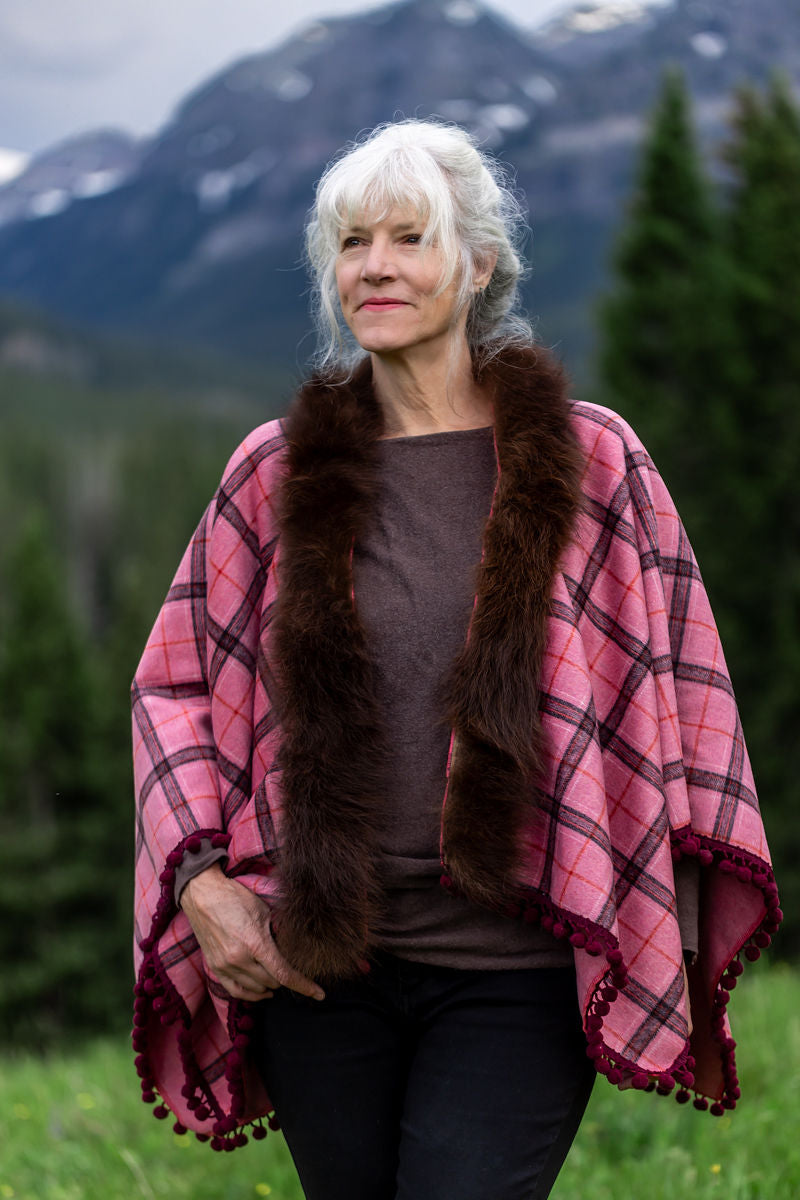 Peppermint Wool Wrap, Bison-Trimmed Shawl