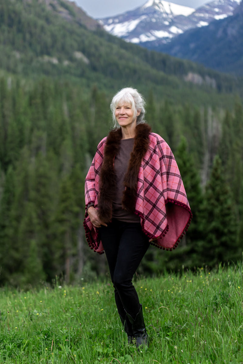 Peppermint Wool Wrap, Bison-Trimmed Shawl